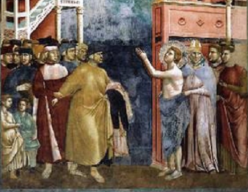 St Francis of Assisi renouncing his wealth & family status. Picture is of a mural in Assisi by the School of Giotto